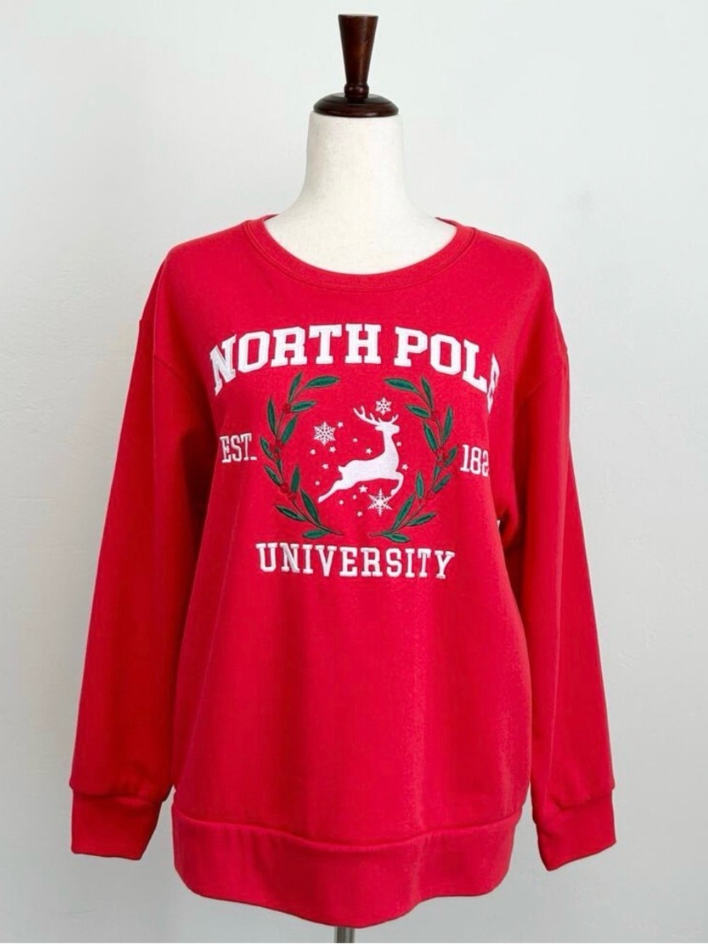 State Of Mine Christmas Holiday Embroidered Reindeer North Pole Sweatshirt NWT